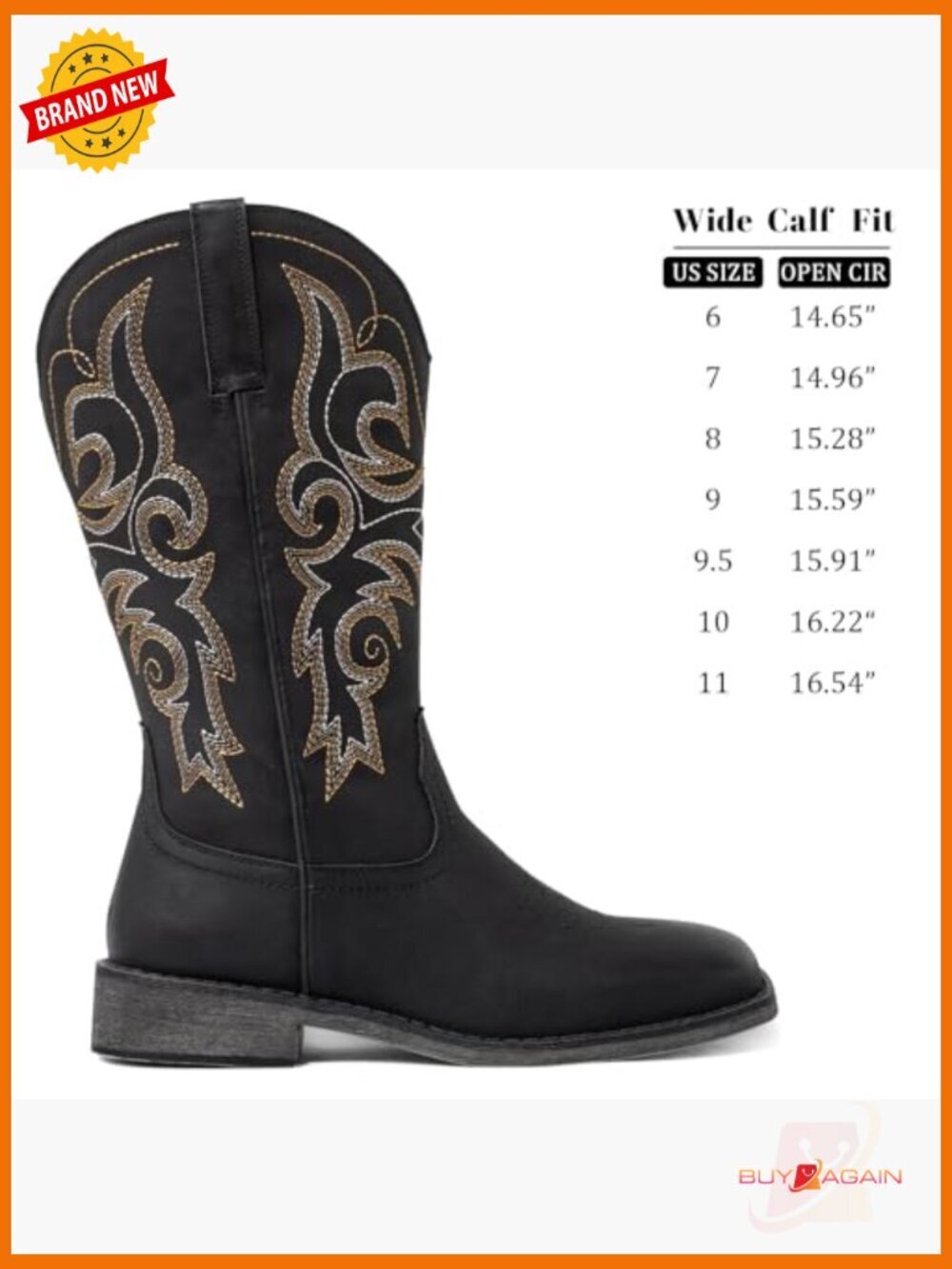 Wide Calf Cowboy Boots - Square Toe Embroidery, Pull On, Padded Insole, Low Heel - Picture 5 of 7